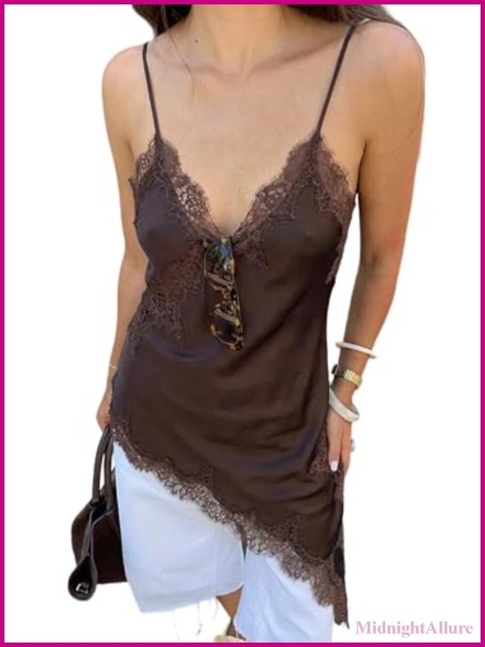 Women Satin Lace Trim Cami Slip Mini Dress V-Neck Sleeveless